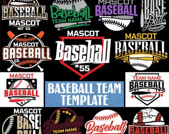 May include: A collection of baseball-themed vector graphics. Designs include baseballs, bats, and text such as "Baseball Mascot" and "Team Name". The graphics are in various styles, with a black background.