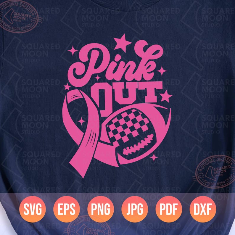 May include: Pink Out design with a football and a pink ribbon. The design is in a pink color on a dark blue background. The text "Pink Out" is in a stylized font.