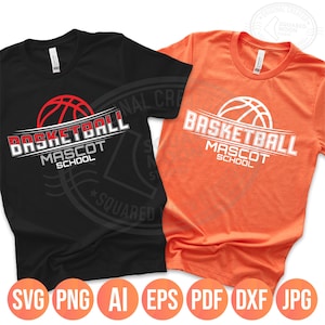 May include: Two t-shirts, one black and one orange, with basketball-themed designs. The black shirt has a red and white basketball graphic with the text "BASKETBALL MASCOT SCHOOL." The orange shirt has a white basketball graphic and the same text. Below are file type icons.