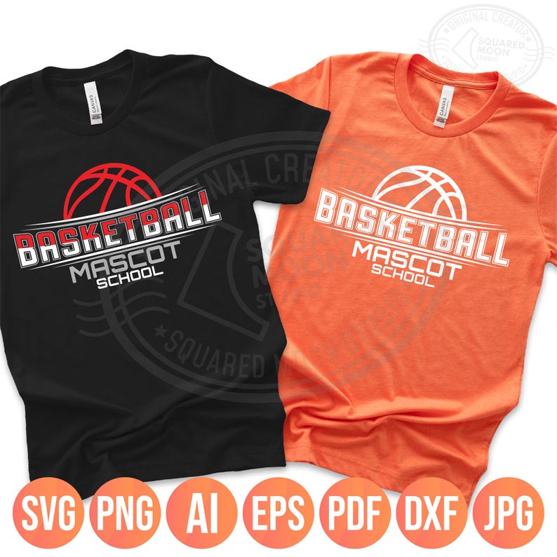 May include: Two t-shirts, one black and one orange, with basketball-themed designs. The black shirt has a red and white basketball graphic with the text "BASKETBALL MASCOT SCHOOL." The orange shirt has a white basketball graphic and the same text. Below are file type icons.