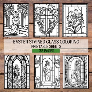 Easter Stained Glass Coloring Pages | 35 Christian Printable Sheets | Religious Digital Download for Sunday School