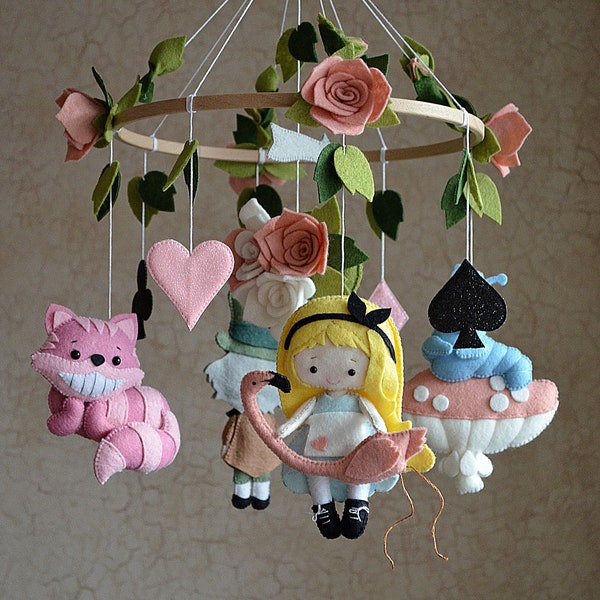 Girl baby mobile Alice in wonderland, nursery mobile, Baby crib mobile baby shower gift, nursery hanging mobile newborn