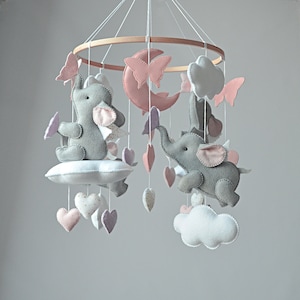 Elephant baby mobile girl, Mobile in a crib with elephants for a girl Baby crib mobile Baby mobile girl Baby mobile felt