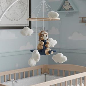 Aviator Bear Baby Mobile, Teddy Pilot Airplane Nursery Decor, Boucle Clouds, Beech Hoop