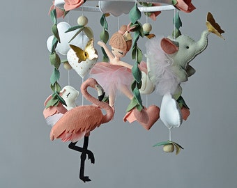 Baby mobile for a girl with a ballerina, elephant, rabbit, flamingo, a swan. Flamingo mobile. beautiful mobile. Mobile with butterflies