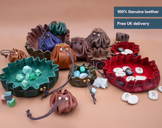 18 colours, handmade genuine leather pouch, 2 sizes / Larping / Re-enactment / Bushcraft pouch / Drawstring pouch / Dice bag & rolling tray