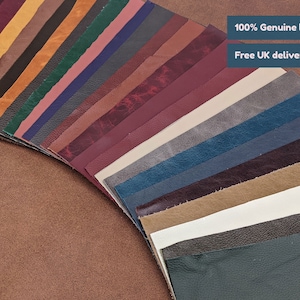 May include: A selection of 20 leather swatches in a variety of colours, including brown, red, blue, green, and beige. The swatches are arranged in a semi-circle, with the text "100% Genuine leather" and "Free UK delivery" at the top of the image.