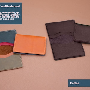 May include: Four leather wallets in different colors and styles. The wallets are arranged on a light brown surface. The text "Odd/multicoloured" and "These wallets are made up of multiple different leather colours - Your wallet will be selected at random!" is visible at the top of the image. The text "Coffee" is visible at the bottom of the image.