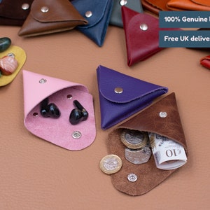 15 colours, handmade genuine leather triangle pouch / Coin pouch / Change purse / Headphone holder / Leather pouch