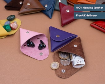 15 colours, handmade genuine leather triangle pouch / Coin pouch / Change purse / Headphone holder / Leather pouch