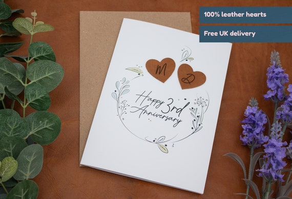 Personalised 3rd anniversary card / Leather anniversary / 3rd wedding anniversary card / Anniversary card / Greeting card / Celebration card