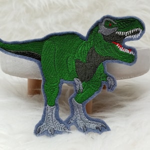 Könnte beinhalten: Grüner gestickter Dinosaurier-Patch mit blauem Umriss und grauen Füßen. Der Dinosaurier steht auf einer weißen Oberfläche.