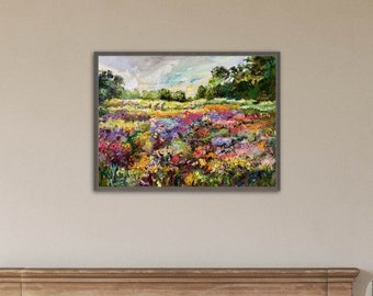 Poster meadow artwork Print landscape Giclee neutral flower art Moody countryside wall decor Housewarming gift