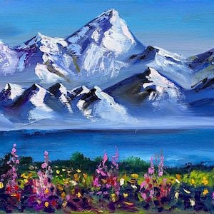 Original art oil painting Landscape mountain artwork Lake lupines Alaska 18x24