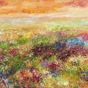 Wildflower Landscape Oil Painting Original Art 15x30” – Meadow Wall Art on Canvas – Earthy Nature Scene