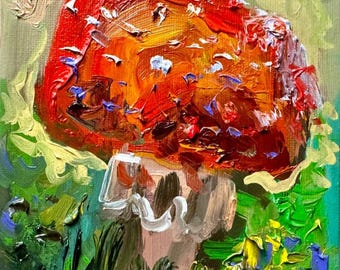 Red mushroom Oil painting ORIGINAL art Fly agaric Amanita forest artwork 5x7