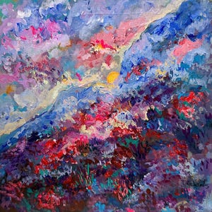 Acrylic painting ORIGINAL art Landscape Sunrise wildflower field Mountain 8x8”