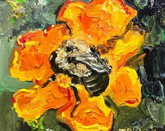 Pintura al óleo de abejorro sobre caléndula, 6x6 pulgadas, arte floral botánico original para pared, flor sobre lienzo.
