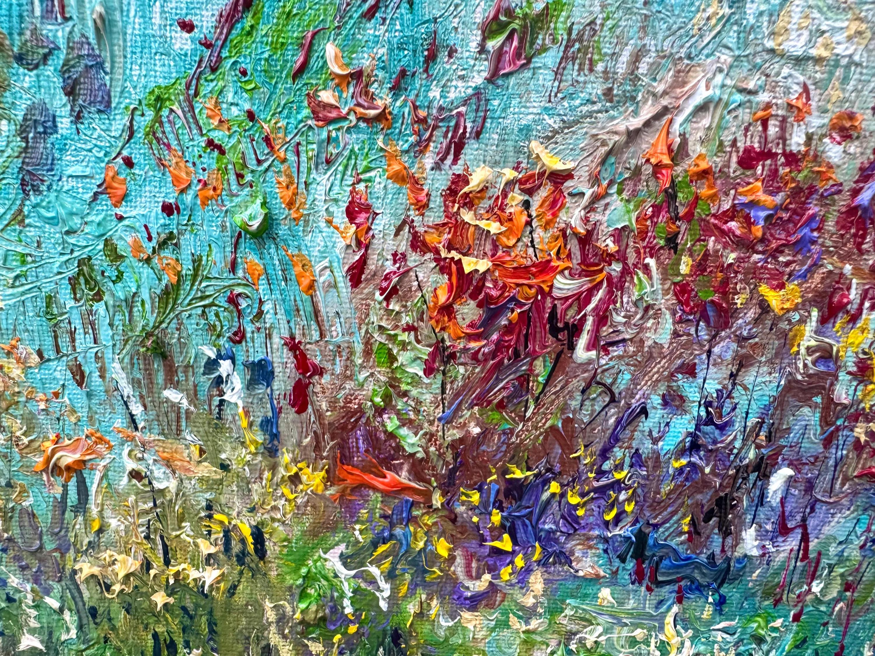 オリジナル油絵 18x24インチ 夕焼けの野花の風景 - 花の草原と森の壁