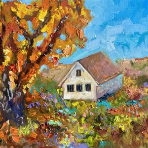 Oil painting ORIGINAL art Countryside Farmhouse artwork Fall landscape 8x10