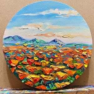 Oil painting ORIGINAL art California poppy field artwork Landscape flowers 8x8&quot;