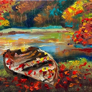 Oil painting ORIGINAL art Boat Fall landscape New England lake river 12x16&quot;