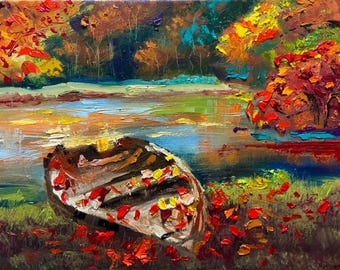 Ölgemälde ORIGINAL Kunst Boot Herbst Landschaft New England See Fluss 30x40 cm