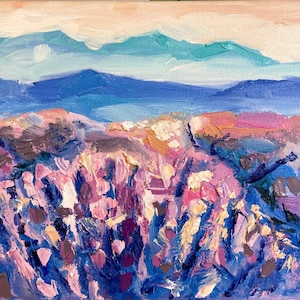 Oil painting ORIGINAL art Lavender field artwork Landscape flowers mountain 8x10