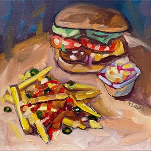Burger Oil Painting 12x12&quot; – ORIGINAL Fast Food Wall Art – Cheeseburger & Fries Still Life – Kitchen Decor – Oil on Stretched Canvas