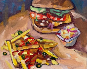 Oil painting ORIGINAL art Burger wall art fast food fries artwork 12x12"
