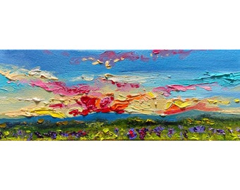 Lupine field original art Oil painting Sunset landscape Sky clouds flower meadow floral artwork 4x12"