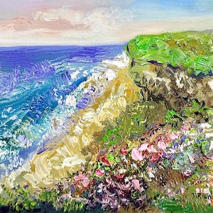 Original Oil Painting 8x10    California Landscape Ocean Beach   Flower Meadow Field Canvas Panel Wall Art