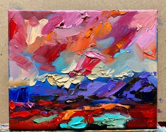 Night sky cloud painting ORIGINAL art Ocean sunset artwork Sunrise river lake wall art Seascape landscape mountain 8x10"