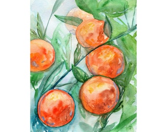 Orange Tree Painting Fruit Original Art Citrus Wall Art Watercolor Artwork 8x10"