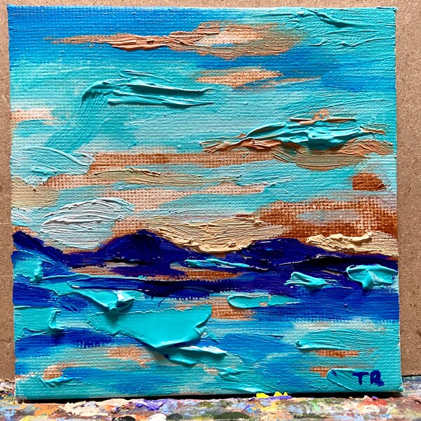 Cloud Painting ORIGINAL Art Mini Oil Painting Small Lake Artwork Sky Seascape Mountains Wall Art 4x4"