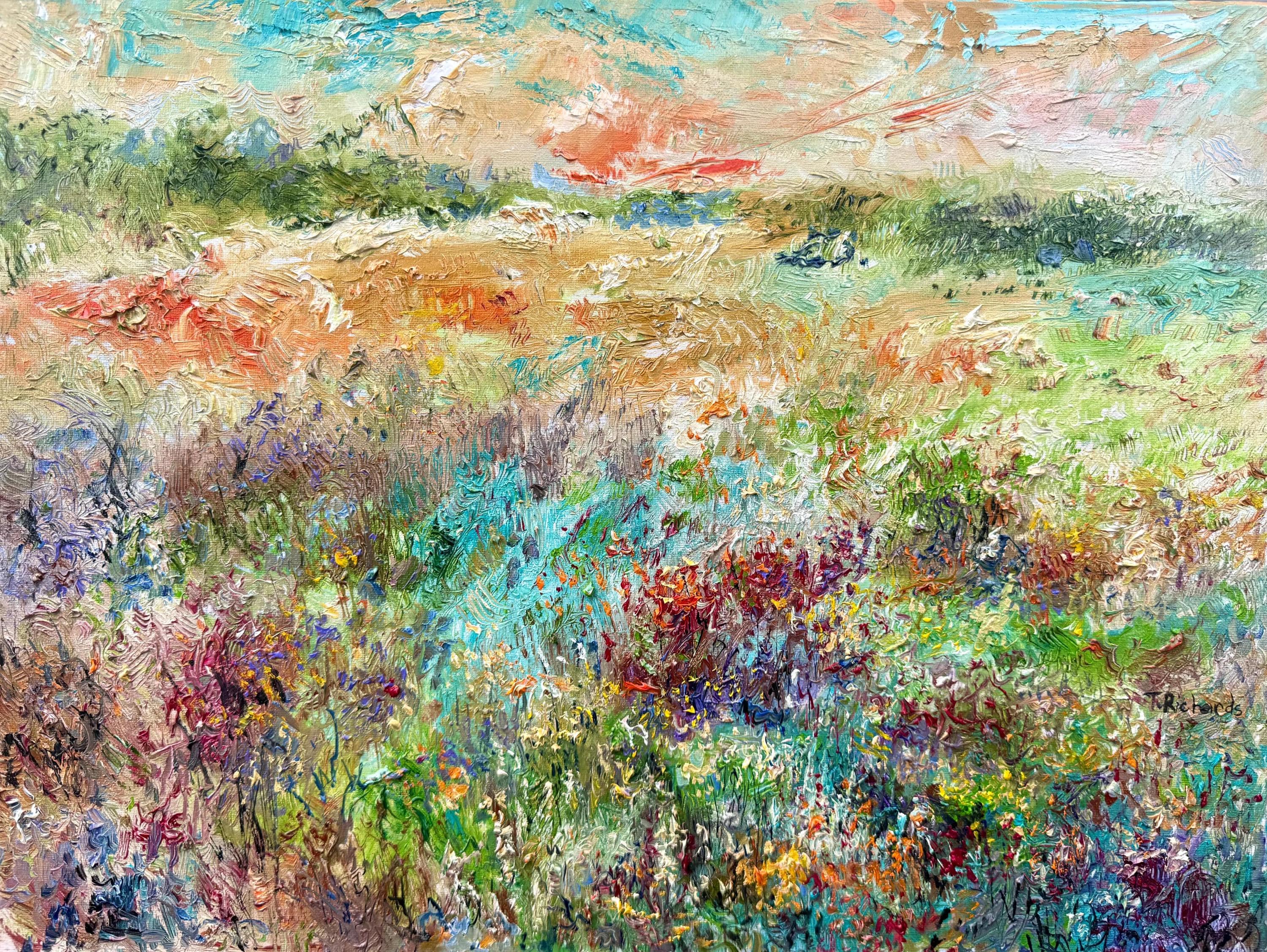 オリジナル油絵 18x24インチ 夕焼けの野花の風景 - 花の草原と森の壁