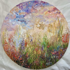 ORIGINAL art oil painting Floral meadow Flower field Round canvas artwork 11.5&quot;