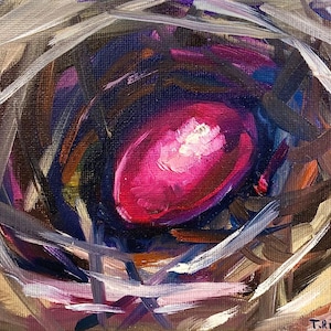 Easter Egg Nest Oil Painting 5x7, Original Art on Canvas Panel, Magenta Egg