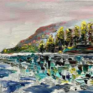 Oil painting ORIGINAL art Moody seascape morning Lake forest landscape 8x10