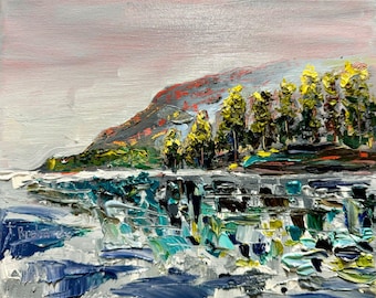 Oil painting ORIGINAL art Moody seascape morning Lake forest landscape 8x10"