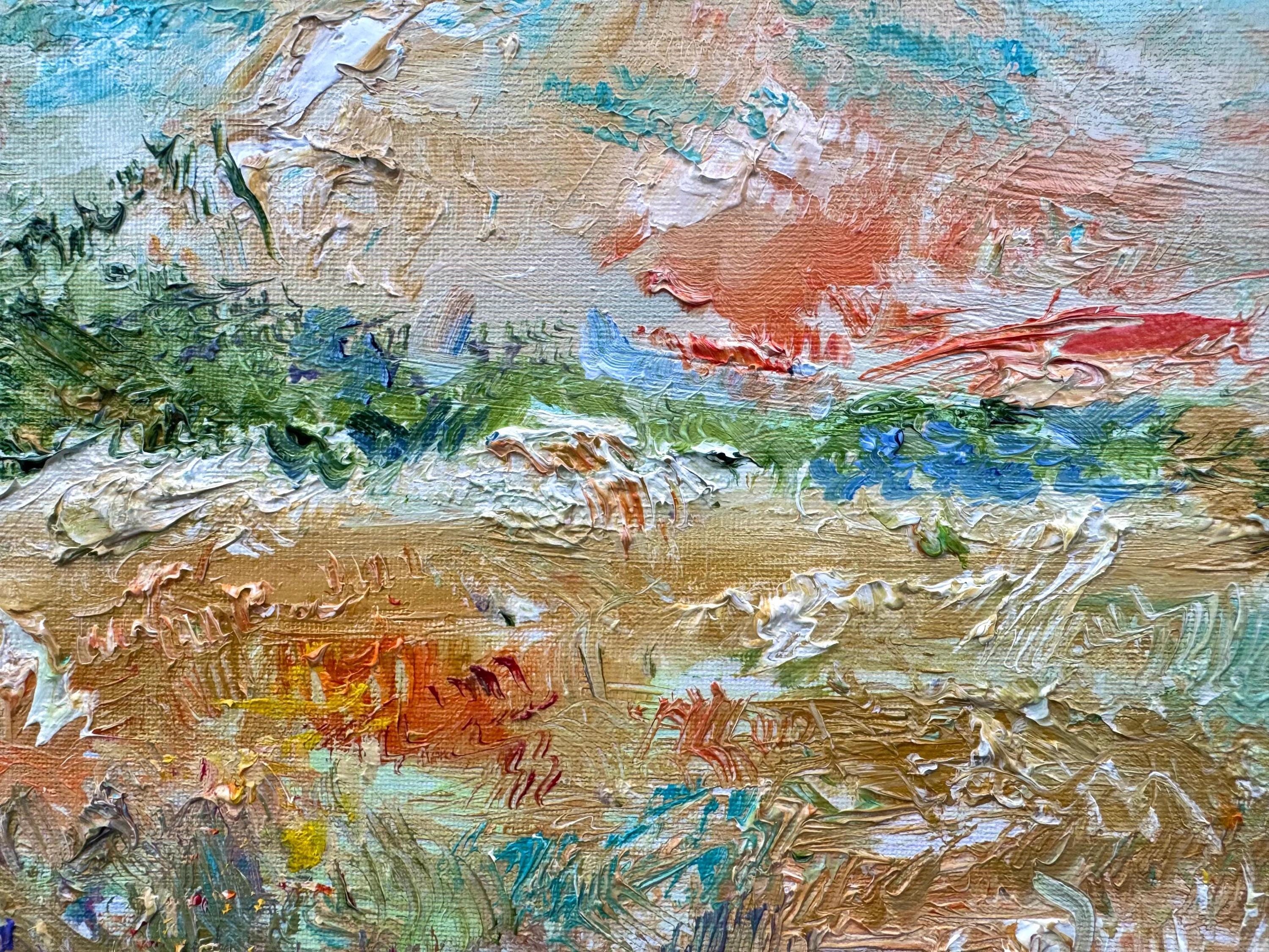 オリジナル油絵 18x24インチ 夕焼けの野花の風景 - 花の草原と森の壁