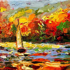 ORIGINAL art Oil painting Sailboat Lake river Fall forest seascape signed 6x8&quot;