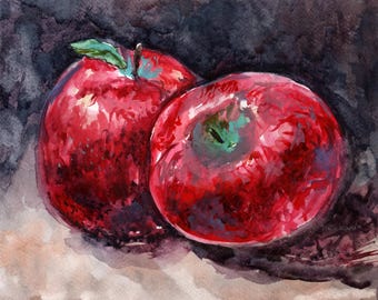 Rode appels aquarel originele kunst, 8 x 10" fruitstillevenkunstwerk