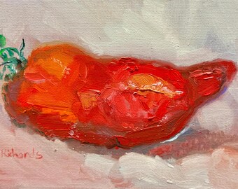 Opalka Paste Tomato Oil Painting 5x7, Original Art, Still Life Artwork, Small Food Wall Art, Kitchen Garden Heirloom Tomatoes