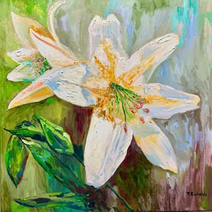 キャンバスに描かれた大きなユリの花の油絵 ユリの花の絵画 白い