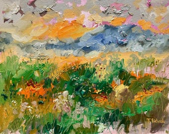 Summer Field Original Art Oil Painting 8x10, Wildflower Landscape