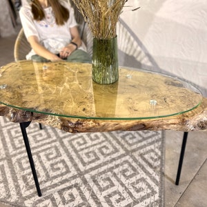 Wood Slab Coffee Table, Handcrafted Poplar Burl Table with Glass Surface, Live Edge Wooden Coffee Table, Custom Made Rustic Furniture