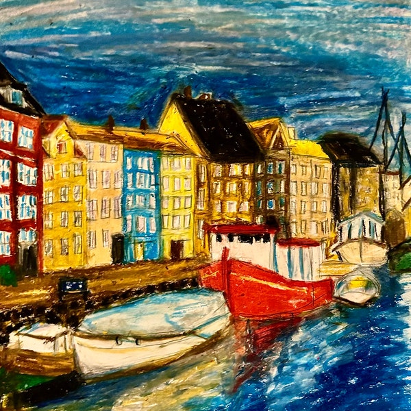 Copenhagen Boats Original Oil Pastel Art Print