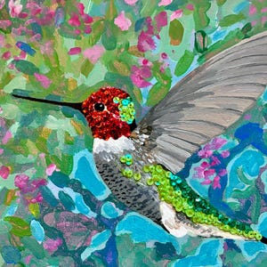Original Hummingbird Acrylic Painting with Sequins Art Print