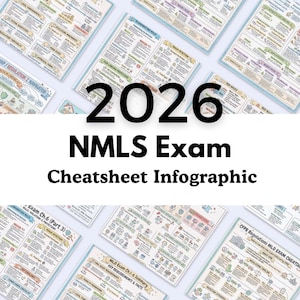 May include: A collection of 2026 NMLS Exam Cheatsheet Infographic study guides featuring detailed charts, diagrams, and text on mortgage lending regulations, compliance, and legal fundamentals, organized with colorful icons and structured layouts.